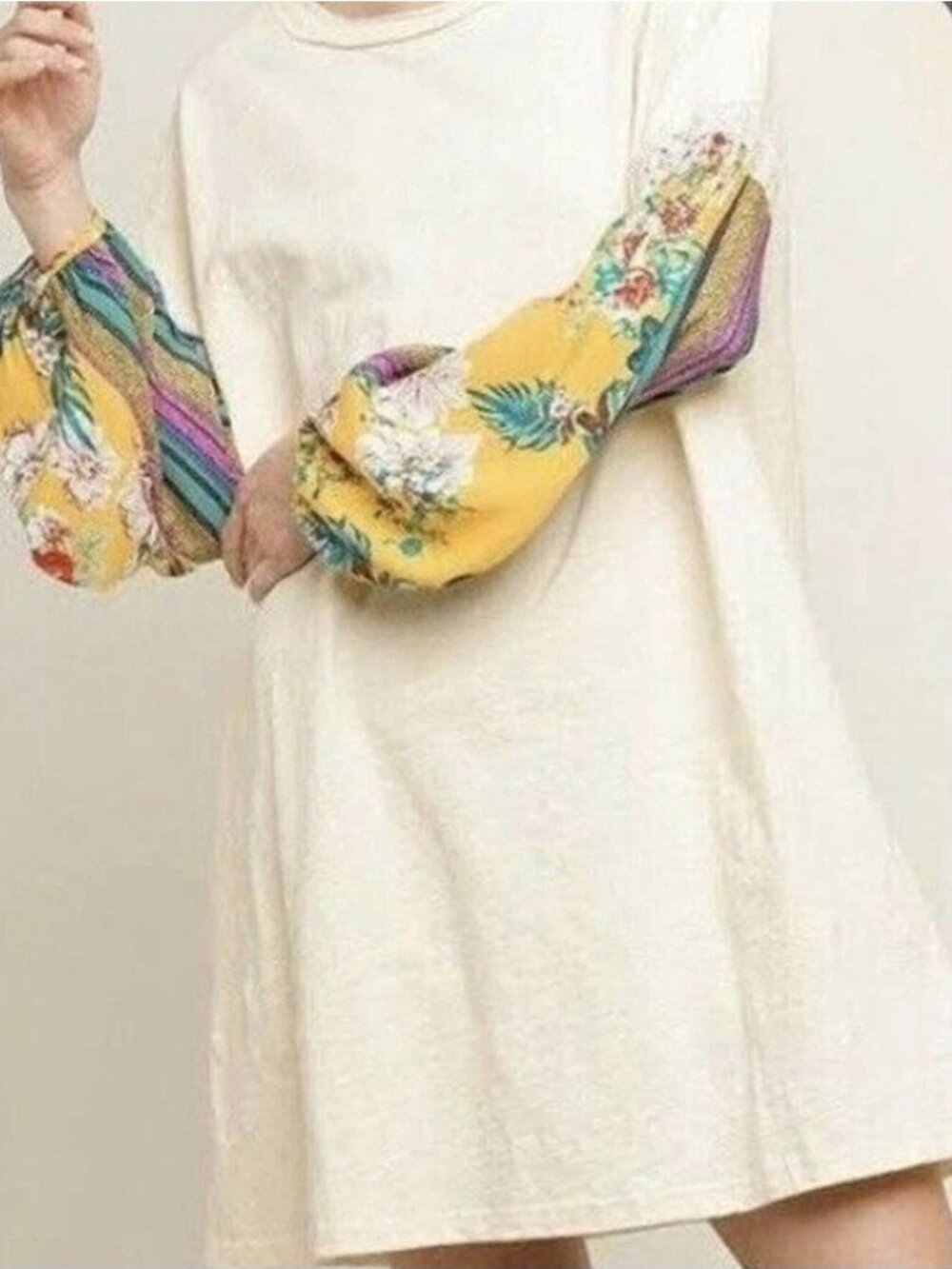 Umgee Dress Cream With Tropical Floral Puff Sleeves Boho Festival Knit - Picture 4 of 4